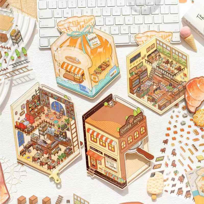Micro Mini Shop - 3D DIY Miniature Sticker Scenes - 2 Theme Sets Coffee & Dessert Shop Bread & Bakery Shop