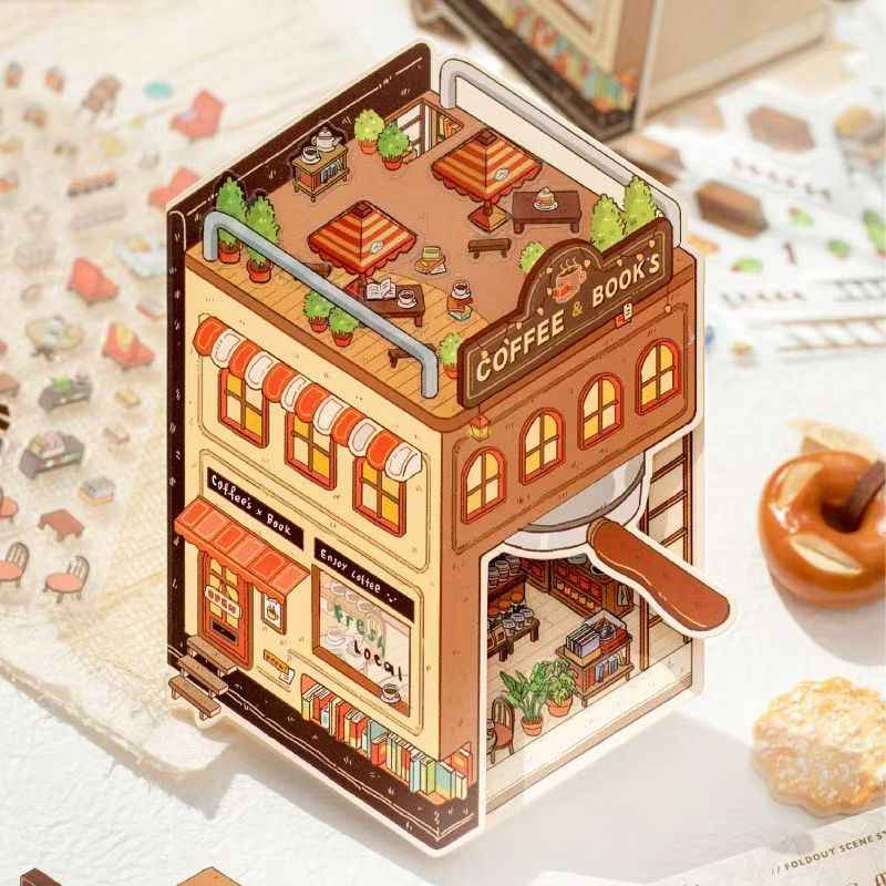 Micro Mini Shop - 3D DIY Miniature Sticker Scenes - 2 Theme Sets Coffee & Dessert Shop Bread & Bakery Shop