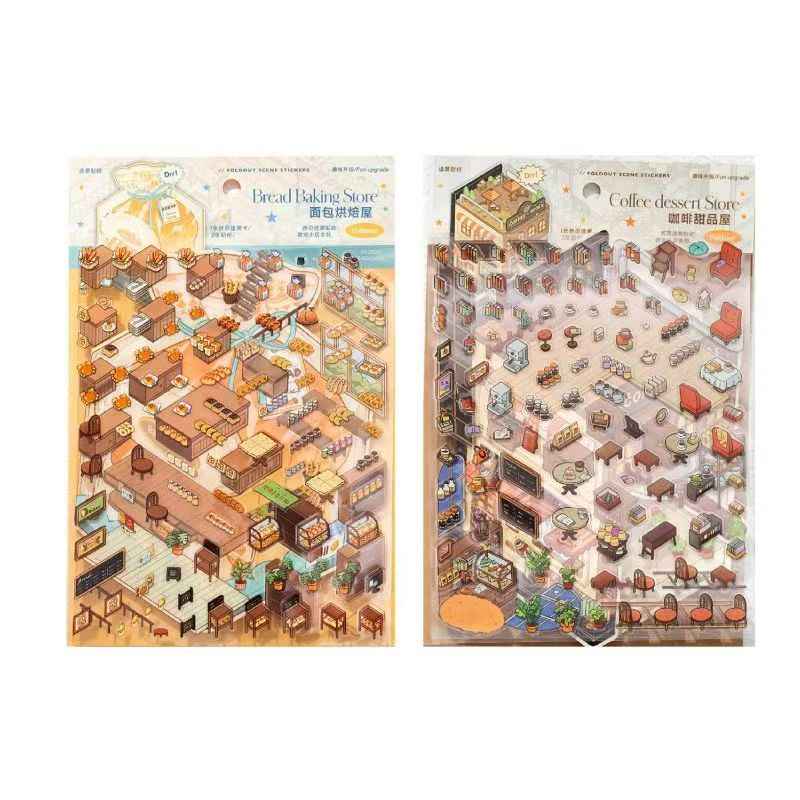 Micro Mini Shop - 3D DIY Miniature Sticker Scenes - 2 Theme Sets Coffee & Dessert Shop Bread & Bakery Shop