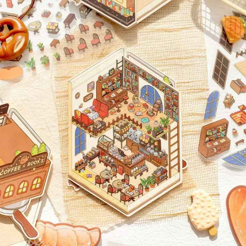 Micro Mini Shop - 3D DIY Miniature Sticker Scenes - 2 Theme Sets Coffee & Dessert Shop Bread & Bakery Shop