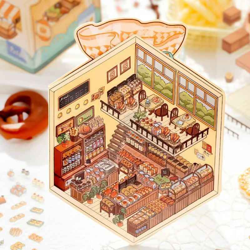 Micro Mini Shop - 3D DIY Miniature Sticker Scenes - 2 Theme Sets Coffee & Dessert Shop Bread & Bakery Shop