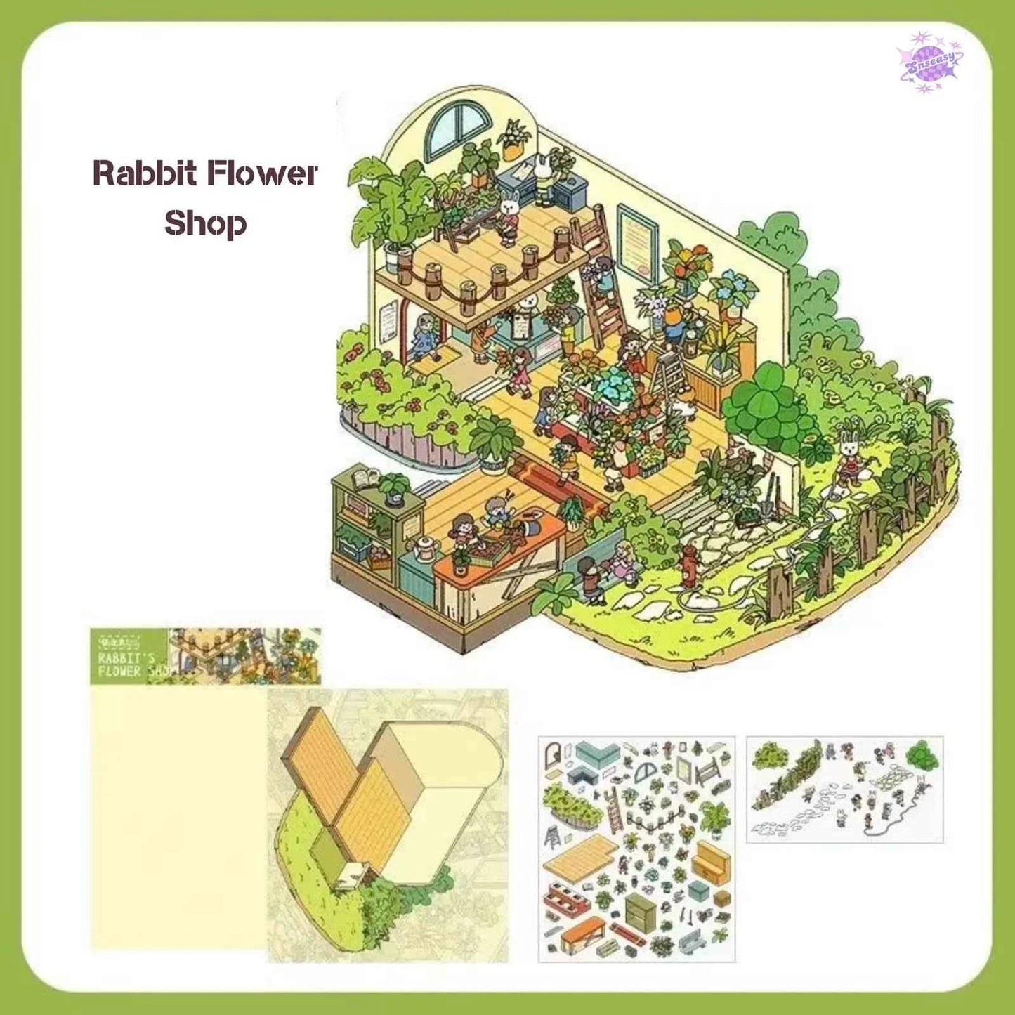 Beautiful Spring 1.0 – 3D DIY Miniature Sticker Scenes - 4 Theme Sets: Spring Tea Party | Ocean Library | Board Game Warehouse | Rabbit Flower Shop