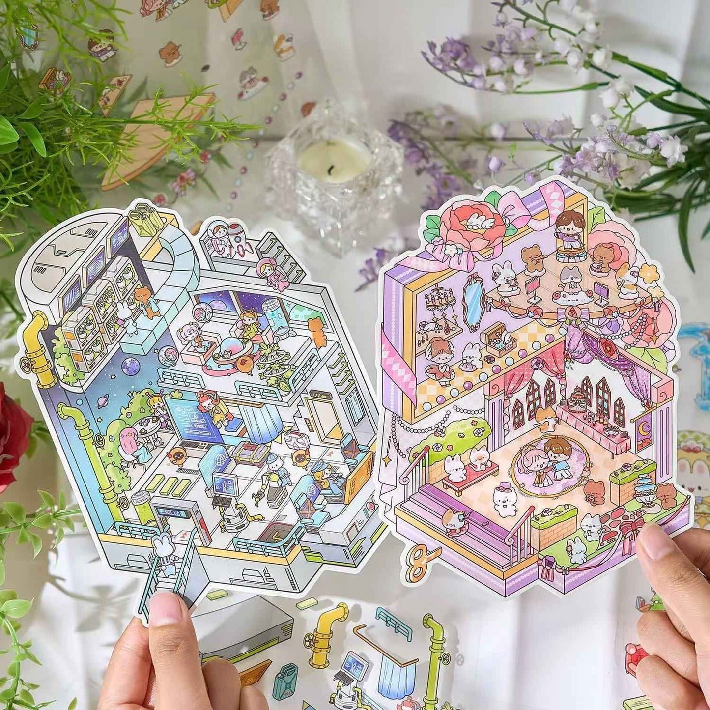 Dream Music Box – 3D DIY Miniature Sticker Scenes - 4 Theme Sets: Dream Music Box | Super Space Station | Sunshine Picnic | Rose Prince