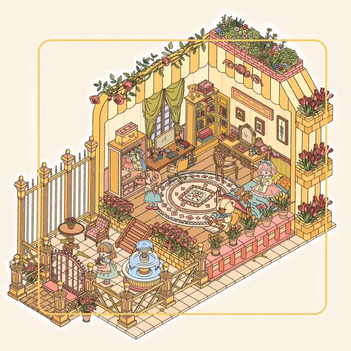European Cottage – 3D DIY Miniature Sticker Scenes - 4 Theme Sets: Kitchen Room | Bedroom | Living Room | Art Gallery