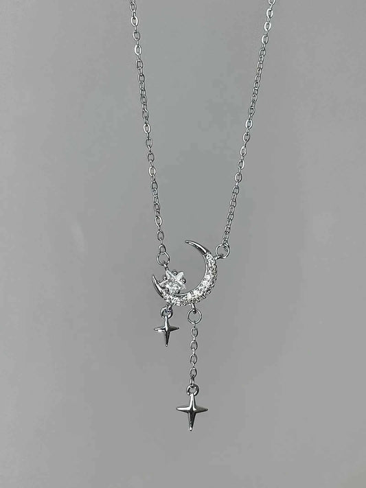 "Under the Starlight" 999 Silver Star and Moon Necklace - Romantic, Chic, and Unique