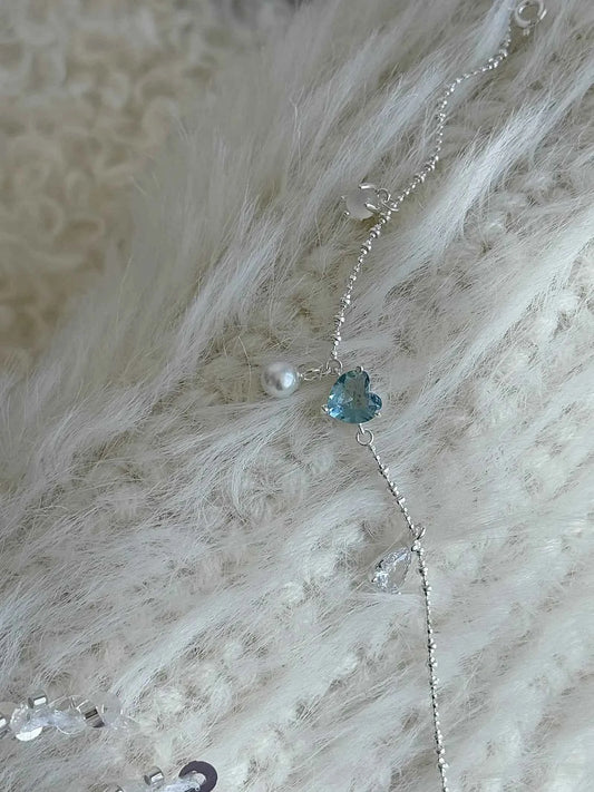 "Blue Tears" 925 Sterling Silver Heart Bracelet with Pearl - Delicate, Unique, and Ocean-Inspired