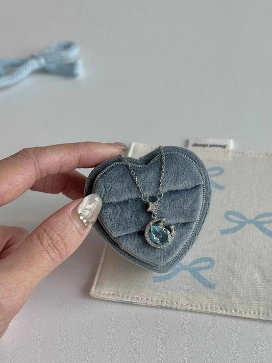 "Starry River Tranquility" Blue Star and Moon Pendant Necklace - Unique, Gentle, and Cool Chic in 925 Sterling Silver