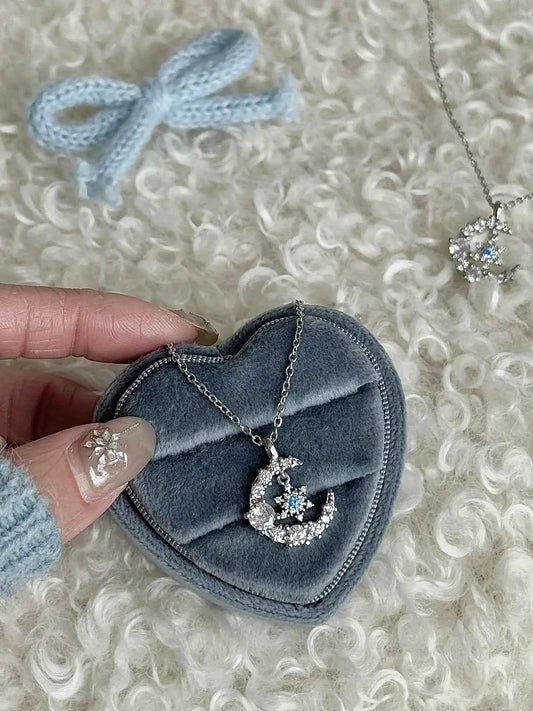 "Snow Dance Moonlight" 925 Sterling Silver Blue Diamond Snowflake Necklace - Cool Elegance and Gentle Charm