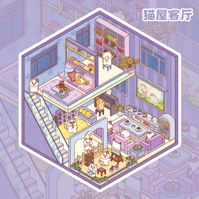Cute Cat House – 3D DIY Miniature Sticker Scenes - 4 Theme Sets: Cat Kitchen | Cat Living Room | Cat Bathroom | Cat Bedroom