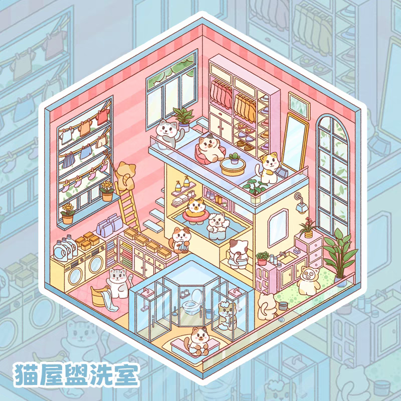 Cute Cat House – 3D DIY Miniature Sticker Scenes - 4 Theme Sets: Cat Kitchen | Cat Living Room | Cat Bathroom | Cat Bedroom