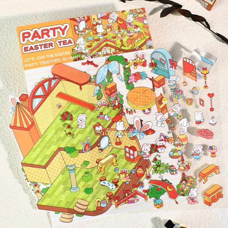 Easter Bunny Series – 3D DIY Miniature Sticker Scenes - 4 Theme Sets: Easter Lawn | Easter Party | Bunny Magic World | Bunny Farm