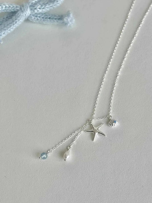 "Bubble Summer" 925 Sterling Silver Starfish, Blue Gemstone, and Pearl Necklace, Bracelet, and Earrings Set - Fresh and Elegant