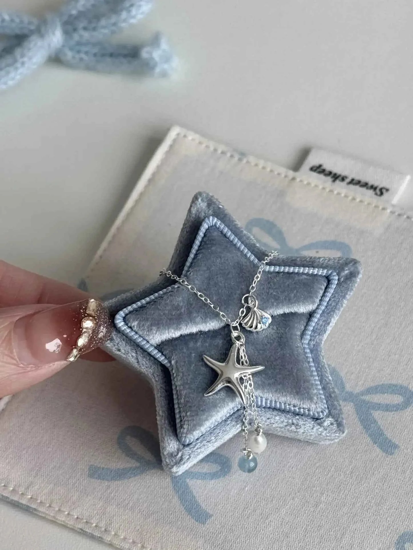 "Bubble Summer" 925 Sterling Silver Starfish, Blue Gemstone, and Pearl Necklace, Bracelet, and Earrings Set - Fresh and Elegant