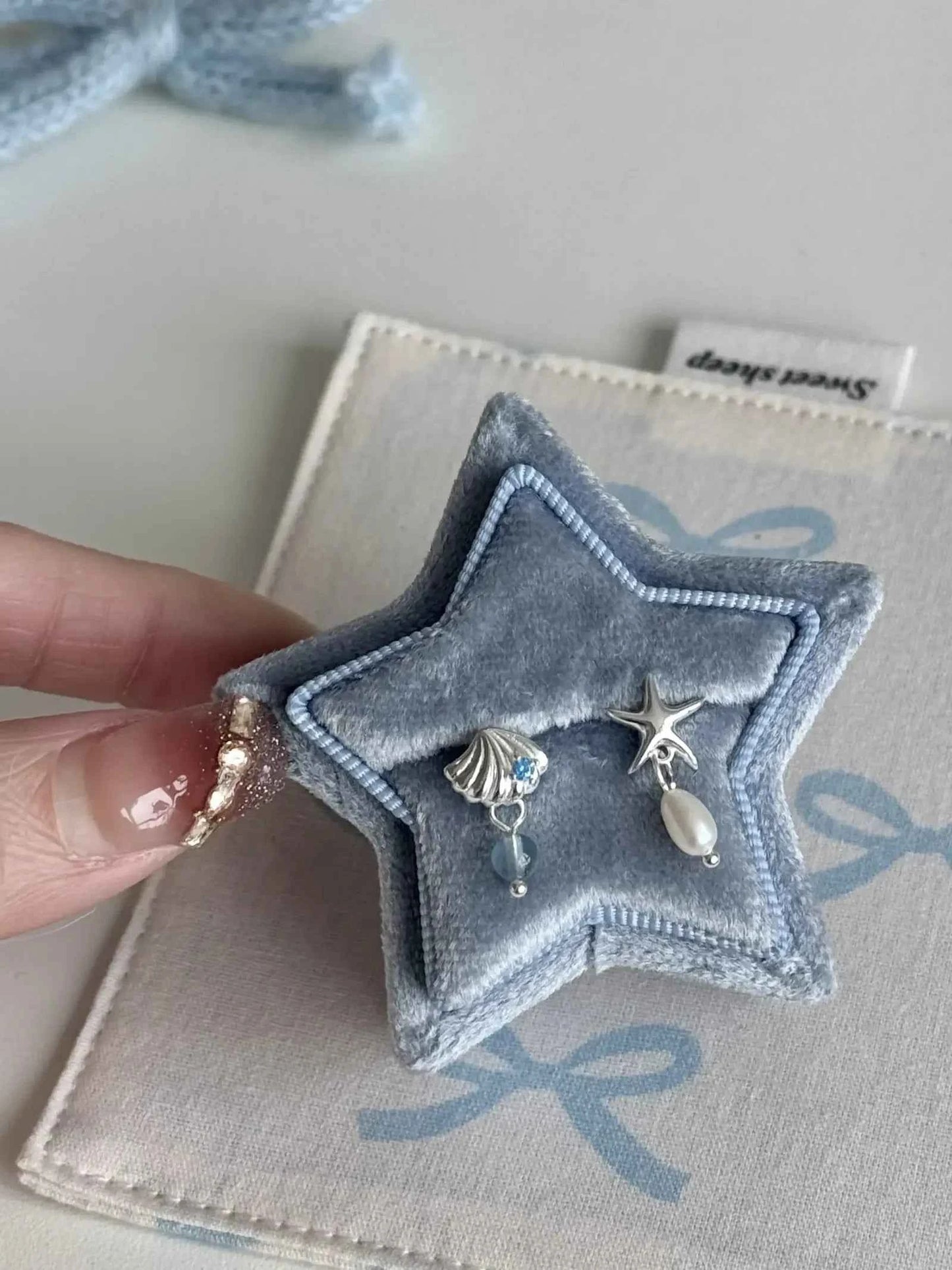 "Bubble Summer" 925 Sterling Silver Starfish, Blue Gemstone, and Pearl Necklace, Bracelet, and Earrings Set - Fresh and Elegant