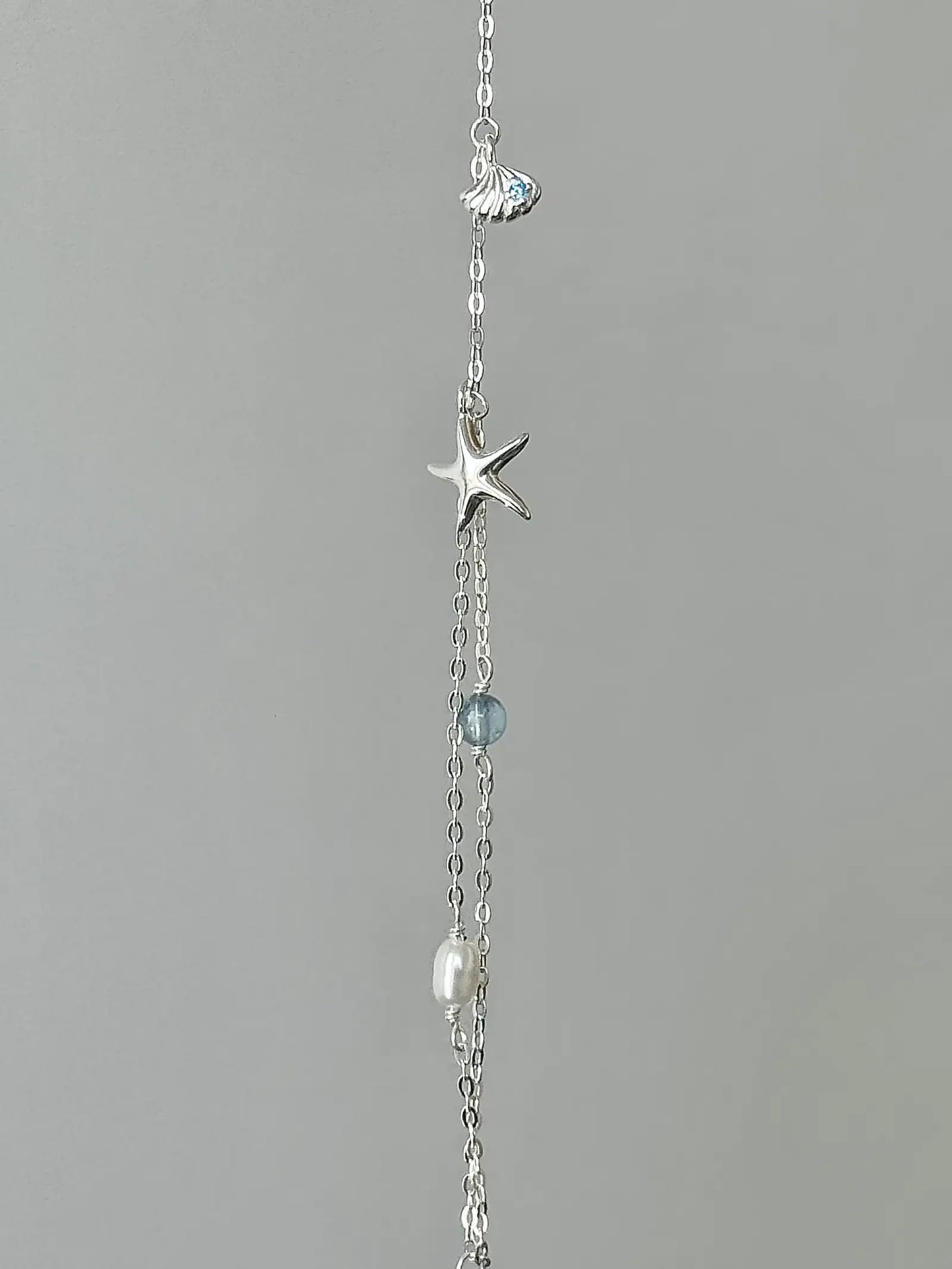 "Bubble Summer" 925 Sterling Silver Starfish, Blue Gemstone, and Pearl Necklace, Bracelet, and Earrings Set - Fresh and Elegant - SNSEASY