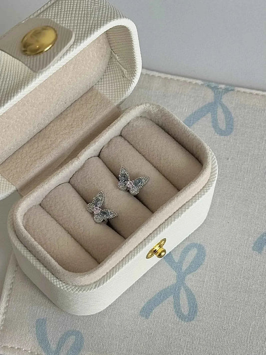 "Snow Butterfly" Blue and Pink Diamond Double-Color Butterfly Stud Earrings - Japanese Style, Delicate, and Cold Chic