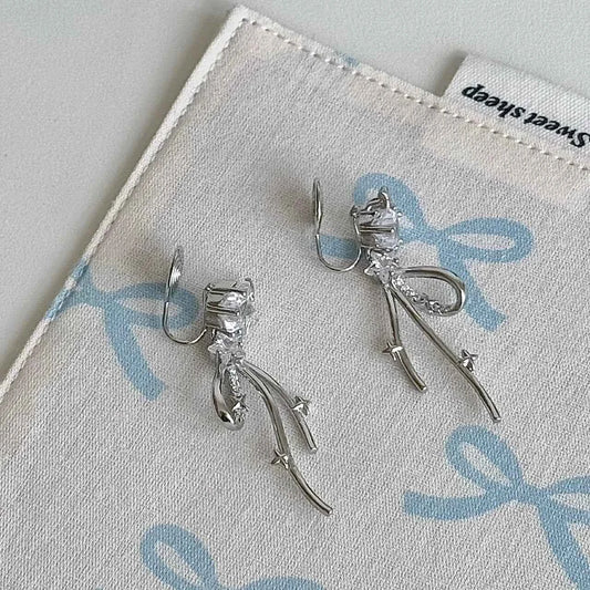 「Starlight Dream Ribbon」925 Sterling Silver Ribbon Bow Earrings with Sparkling Gems - Elegant and Versatile