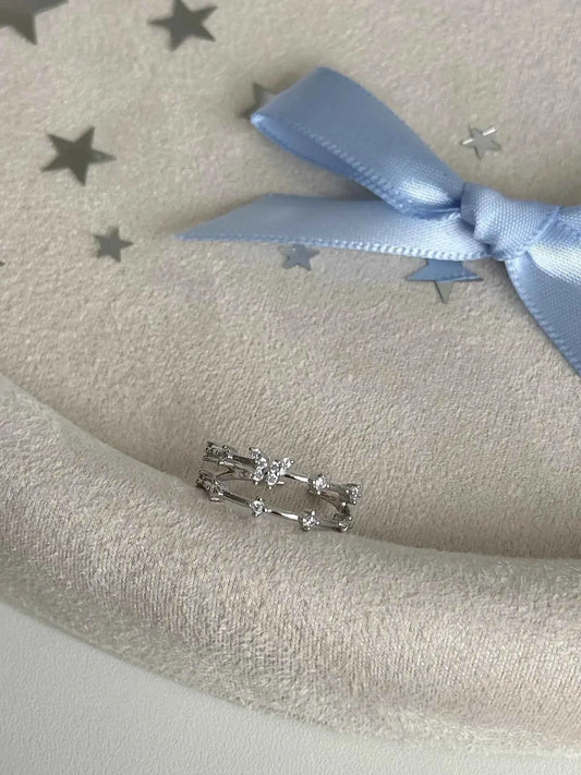 "Feather Veil" 925 Sterling Silver Double-Band Butterfly Ring with Artificial Gems - Delicate, Sparkling, and Luxe