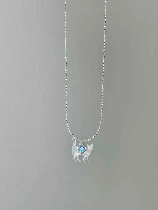 "Cloud Cat" 925 Sterling Silver Mother-of-Pearl Cat Necklace with Blue Heart Zircon - Delicate, Luxurious, and Sweet