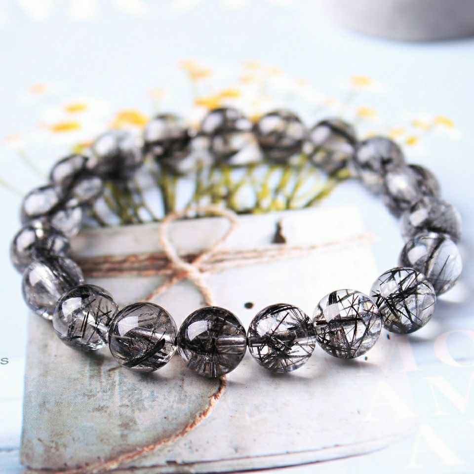 Black Rutilated Quartz Bracelet – Natural 4mm–10mm Crystal for Protection, Focus & Energy Alignment
