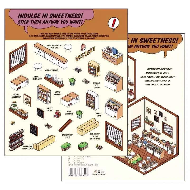 OOJ Simulation Business 3D Isometric Room Stickers - 7 Theme Sets: Fresh Market | Bookstore | Laundry | Baking Shop | Dessert | Burger Shop | Firework Market - SNSEASY