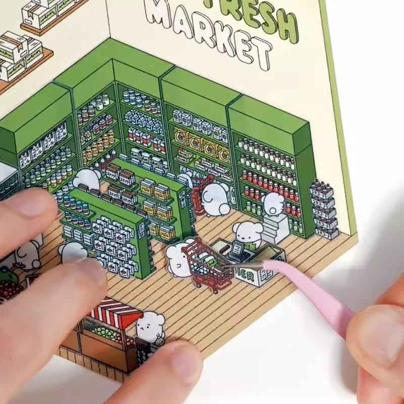 OOJ Simulation Business 3D Isometric Room Stickers - 7 Theme Sets: Fresh Market | Bookstore | Laundry | Baking Shop | Dessert | Burger Shop | Firework Market - SNSEASY