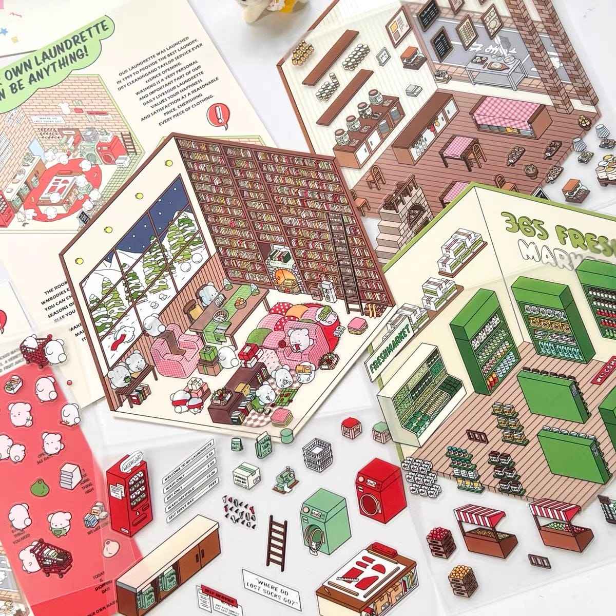 OOJ Simulation Business 3D Isometric Room Stickers - 7 Theme Sets: Fresh Market | Bookstore | Laundry | Baking Shop | Dessert | Burger Shop | Firework Market - SNSEASY