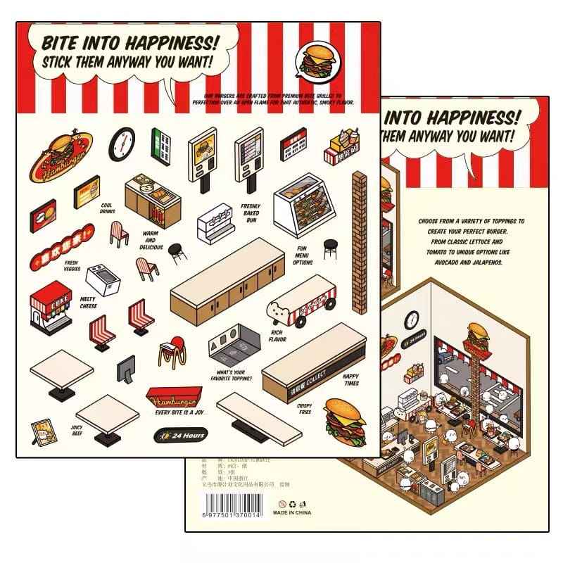 OOJ Simulation Business 3D Isometric Room Stickers - 7 Theme Sets: Fresh Market | Bookstore | Laundry | Baking Shop | Dessert | Burger Shop | Firework Market - SNSEASY