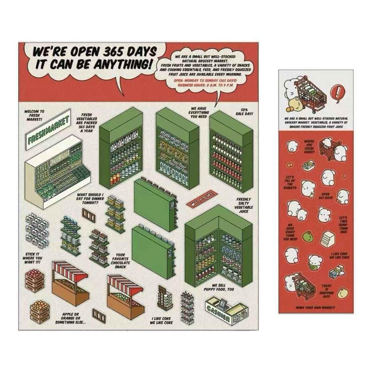 OOJ Simulation Business 3D Isometric Room Stickers - 7 Theme Sets: Fresh Market | Bookstore | Laundry | Baking Shop | Dessert | Burger Shop | Firework Market - SNSEASY