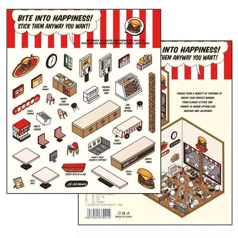 OOJ Simulation Business 3D Isometric Room Stickers - 7 Theme Sets: Fresh Market | Bookstore | Laundry | Baking Shop | Dessert | Burger Shop | Firework Market - SNSEASY