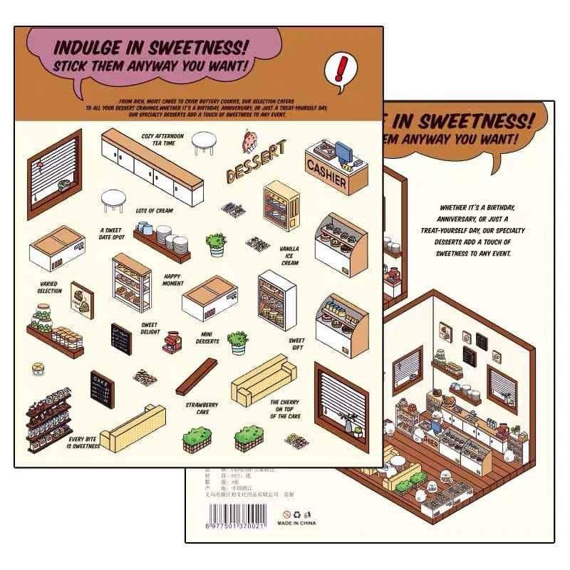 OOJ Simulation Business 3D Isometric Room Stickers - 7 Theme Sets: Fresh Market | Bookstore | Laundry | Baking Shop | Dessert | Burger Shop | Firework Market - SNSEASY