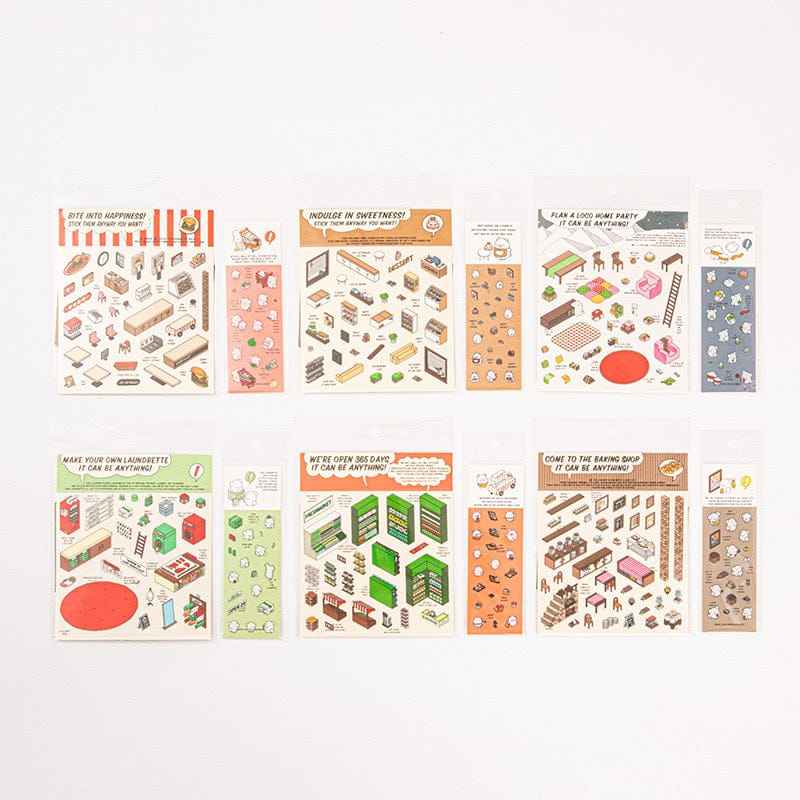 OOJ Simulation Business 3D Isometric Room Stickers - 7 Theme Sets: Fresh Market | Bookstore | Laundry | Baking Shop | Dessert | Burger Shop | Firework Market - SNSEASY