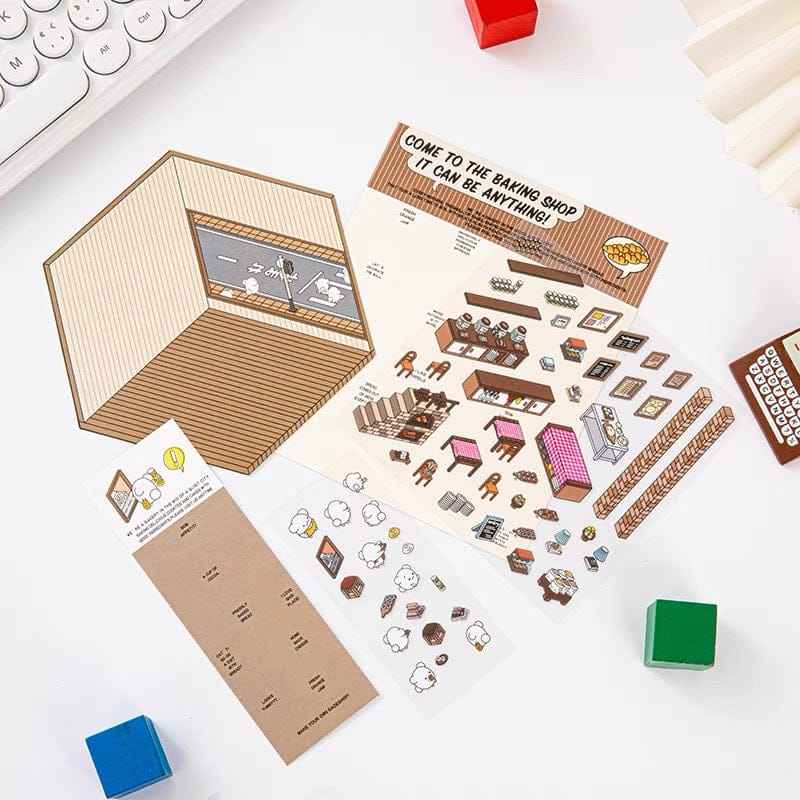 OOJ Simulation Business 3D Isometric Room Stickers - 7 Theme Sets: Fresh Market | Bookstore | Laundry | Baking Shop | Dessert | Burger Shop | Firework Market - SNSEASY