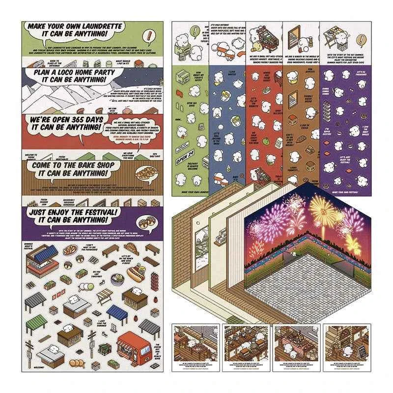 OOJ Simulation Business 3D Isometric Room Stickers - 7 Theme Sets: Fresh Market | Bookstore | Laundry | Baking Shop | Dessert | Burger Shop | Firework Market - SNSEASY