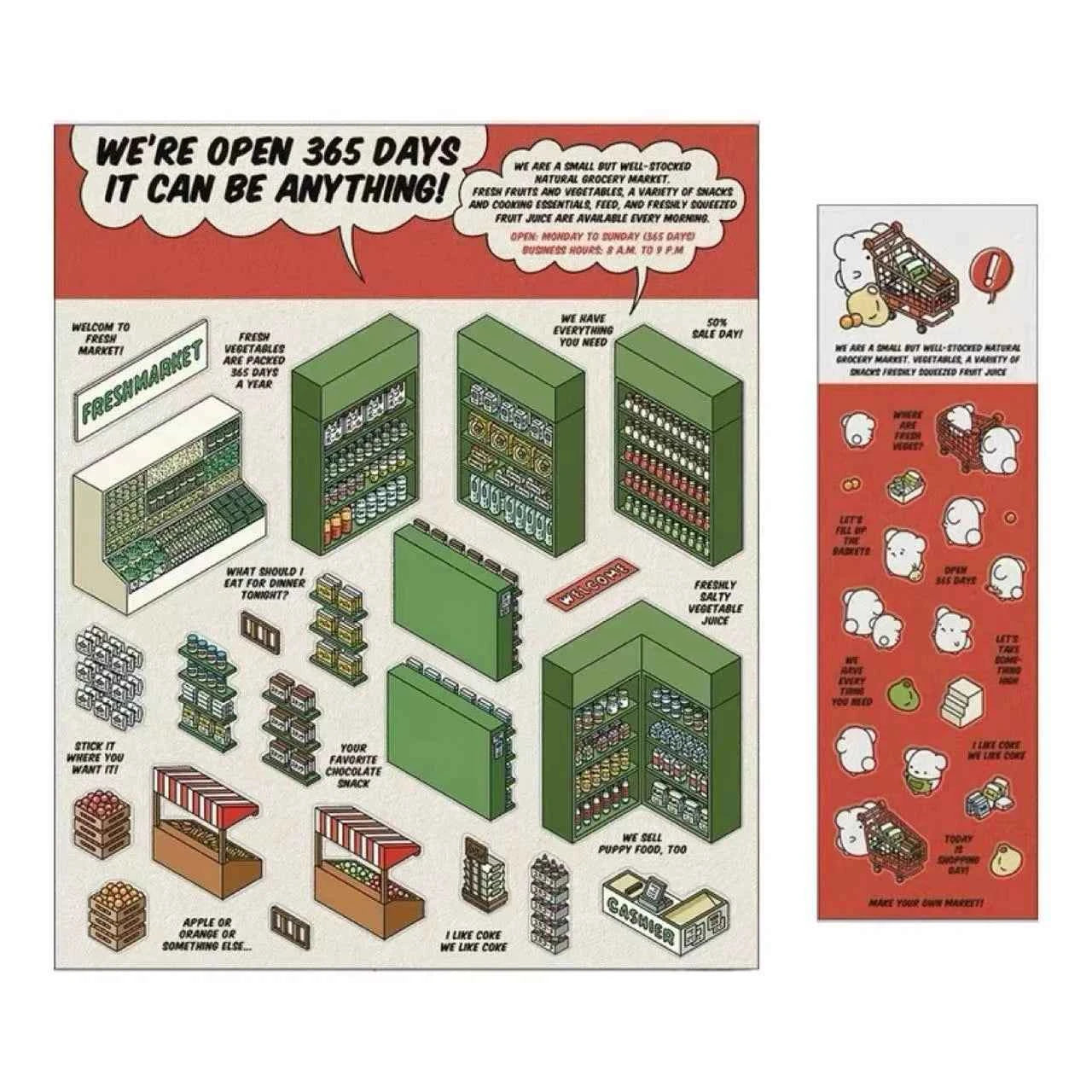 OOJ Simulation Business 3D Isometric Room Stickers - 7 Theme Sets: Fresh Market | Bookstore | Laundry | Baking Shop | Dessert | Burger Shop | Firework Market - SNSEASY