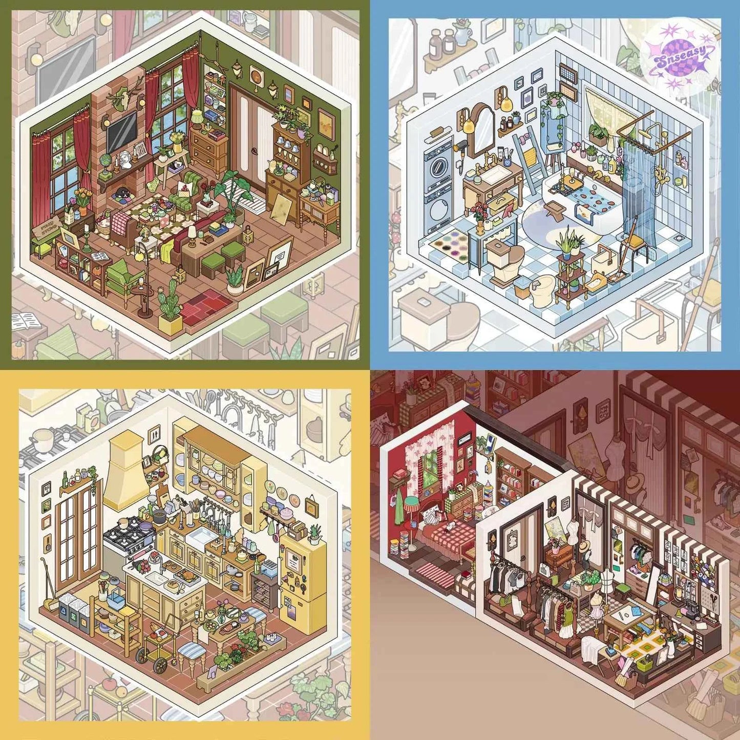 Field Town 2.0 – 3D Miniature Sticker Scenes - 3 Theme Sets: Living Room | Kitchen | Bathroom