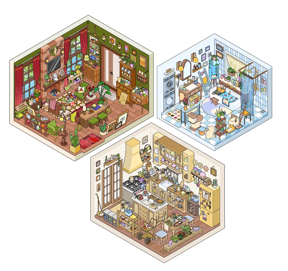 Field Town 2.0 – 3D Miniature Sticker Scenes - 3 Theme Sets: Living Room | Kitchen | Bathroom
