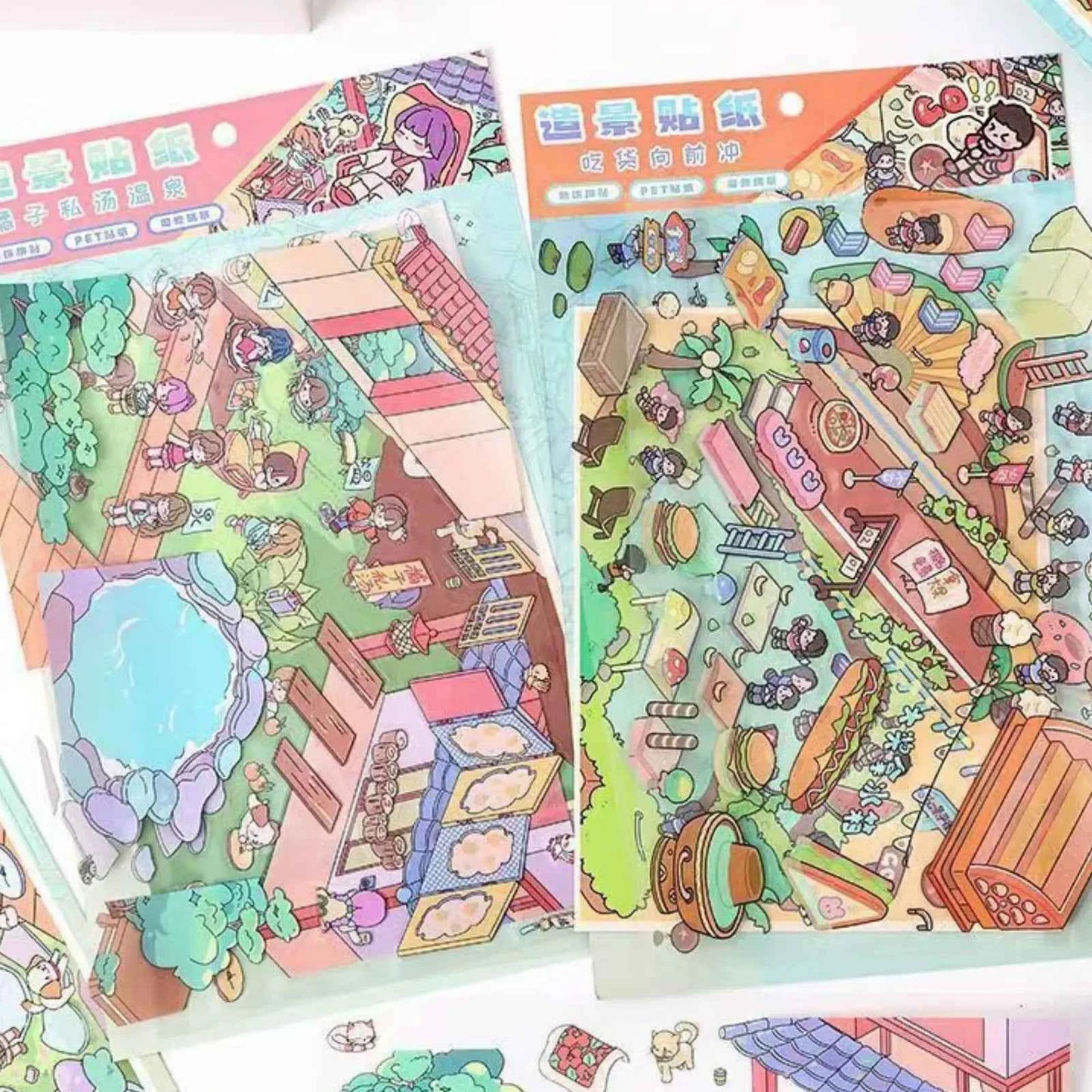 Plus Food Festival – 3D Miniature Sticker Scenes - 2 Theme Sets: Private Hot Spring | Food Festival