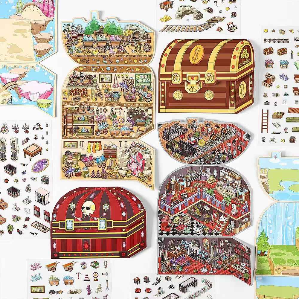 Treasure Hunt – 3D Miniature Sticker Scenes - 4 Theme Sets: Mountain Treasure | Castle Treasure | Underwater Treasure | Underground Treasure