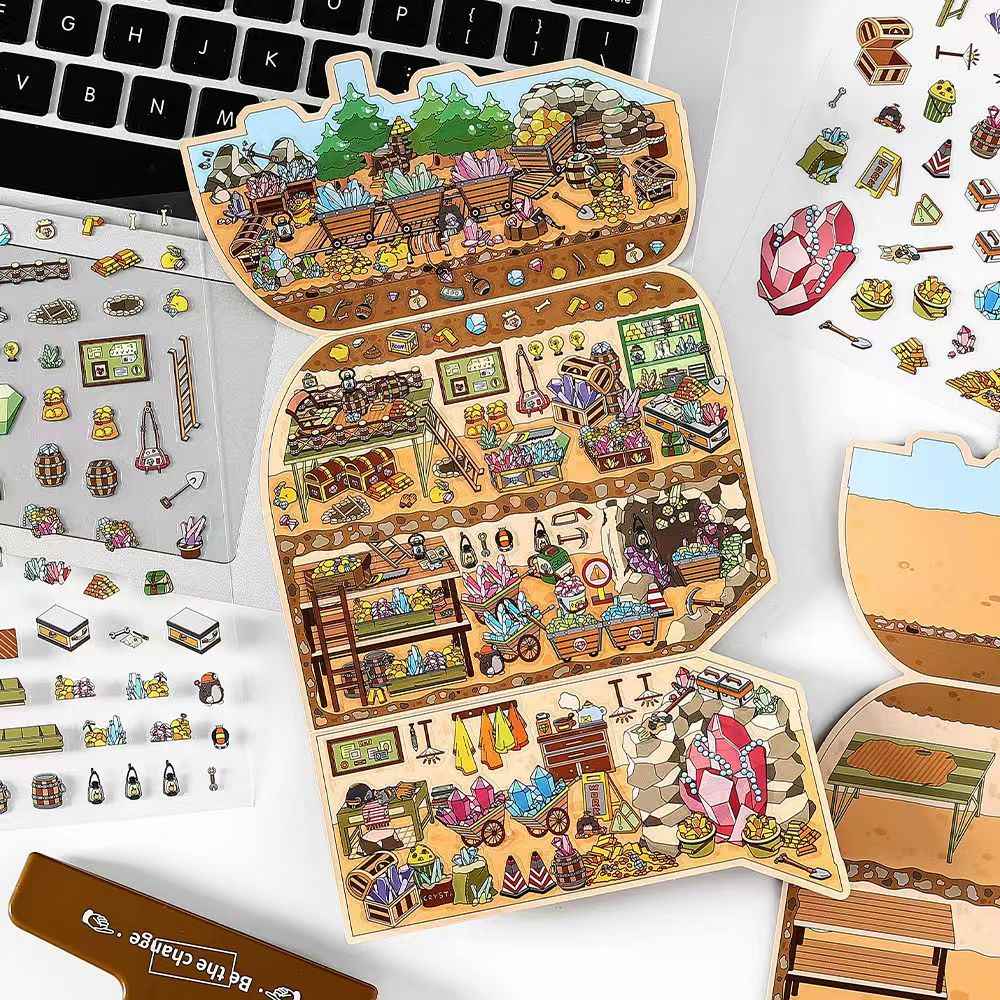 Treasure Hunt – 3D Miniature Sticker Scenes - 4 Theme Sets: Mountain Treasure | Castle Treasure | Underwater Treasure | Underground Treasure