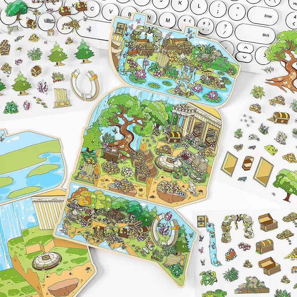 Treasure Hunt – 3D Miniature Sticker Scenes - 4 Theme Sets: Mountain Treasure | Castle Treasure | Underwater Treasure | Underground Treasure