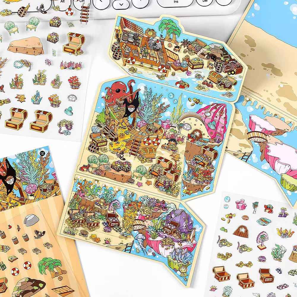 Treasure Hunt – 3D Miniature Sticker Scenes - 4 Theme Sets: Mountain Treasure | Castle Treasure | Underwater Treasure | Underground Treasure
