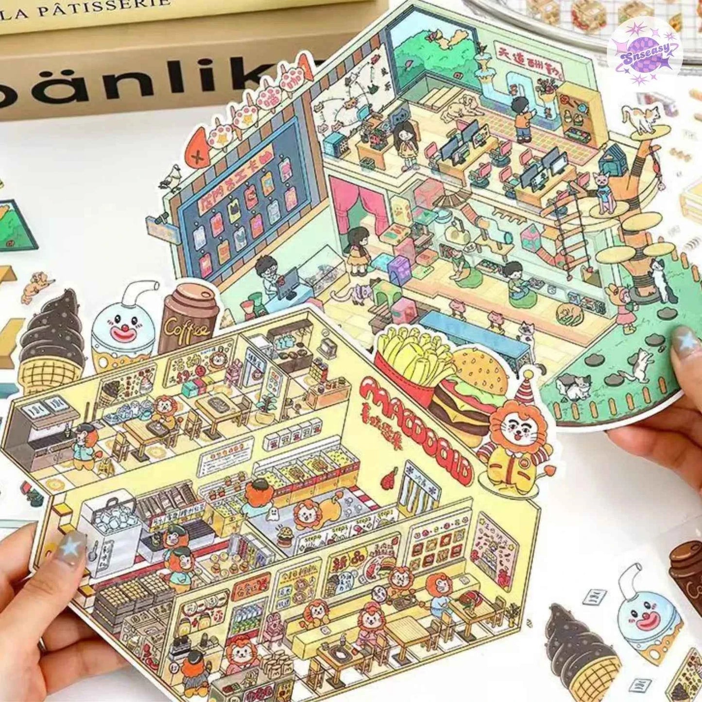Plus Animal Shop – 3D Miniature Sticker Scenes - 2 Theme Sets: Lion Shop | Star Cat Café