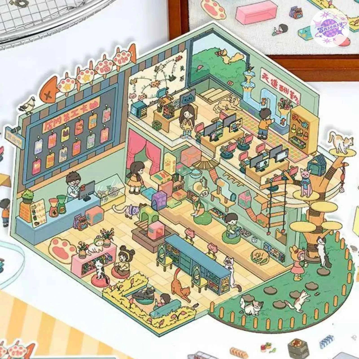 Plus Animal Shop – 3D Miniature Sticker Scenes - 2 Theme Sets: Lion Shop | Star Cat Café