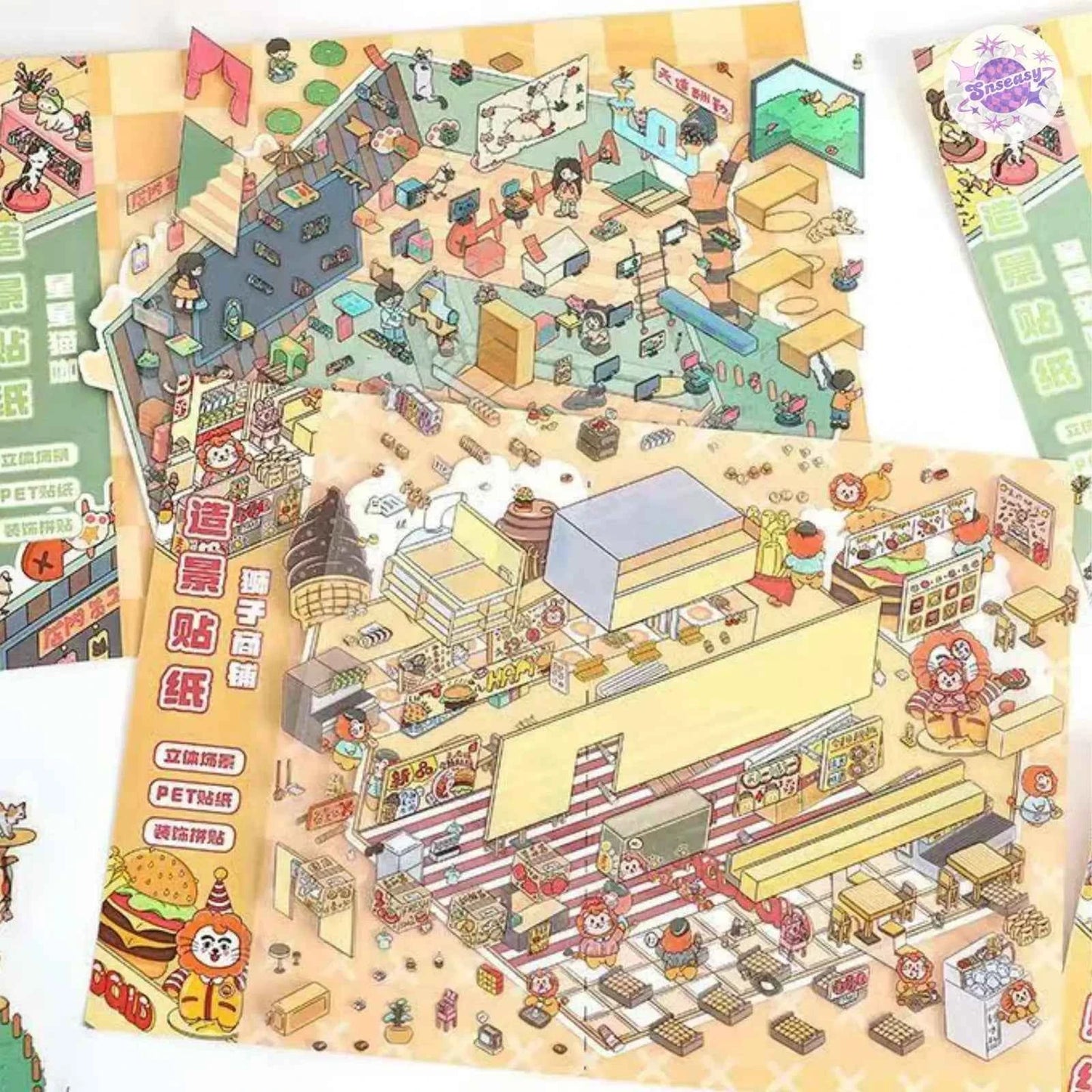 Plus Animal Shop – 3D Miniature Sticker Scenes - 2 Theme Sets: Lion Shop | Star Cat Café