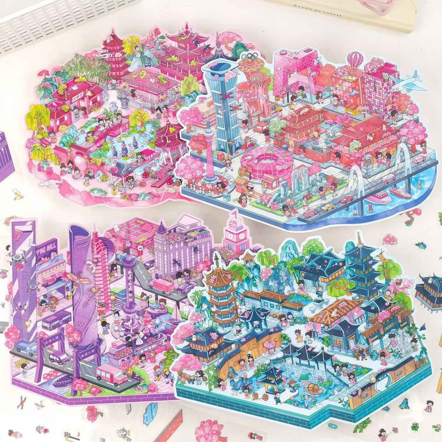 Urban Journey – 3D Miniature Sticker Scenes - 4 Theme Sets: Magic Shanghai | Diverse Beijing | Dreamy Jiangnan | Poetic Hangzhou