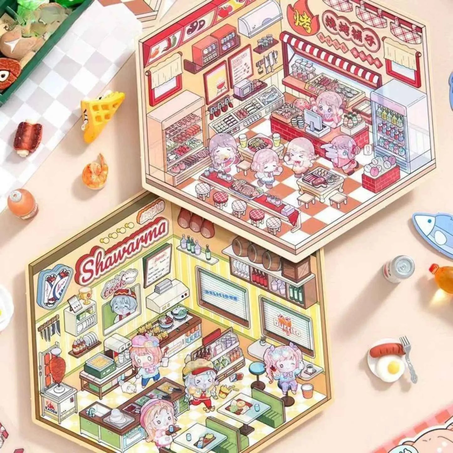 Shiny Shop – 3D Miniature Sticker Scenes - 2 Theme Sets: Barbecue Shop | Restaurant