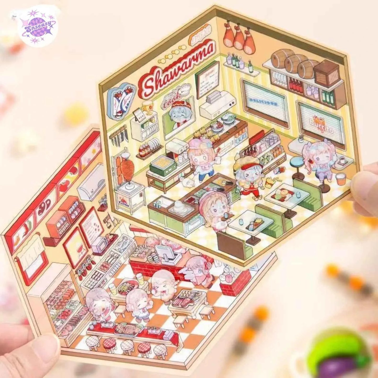 Shiny Shop – 3D Miniature Sticker Scenes - 2 Theme Sets: Barbecue Shop | Restaurant