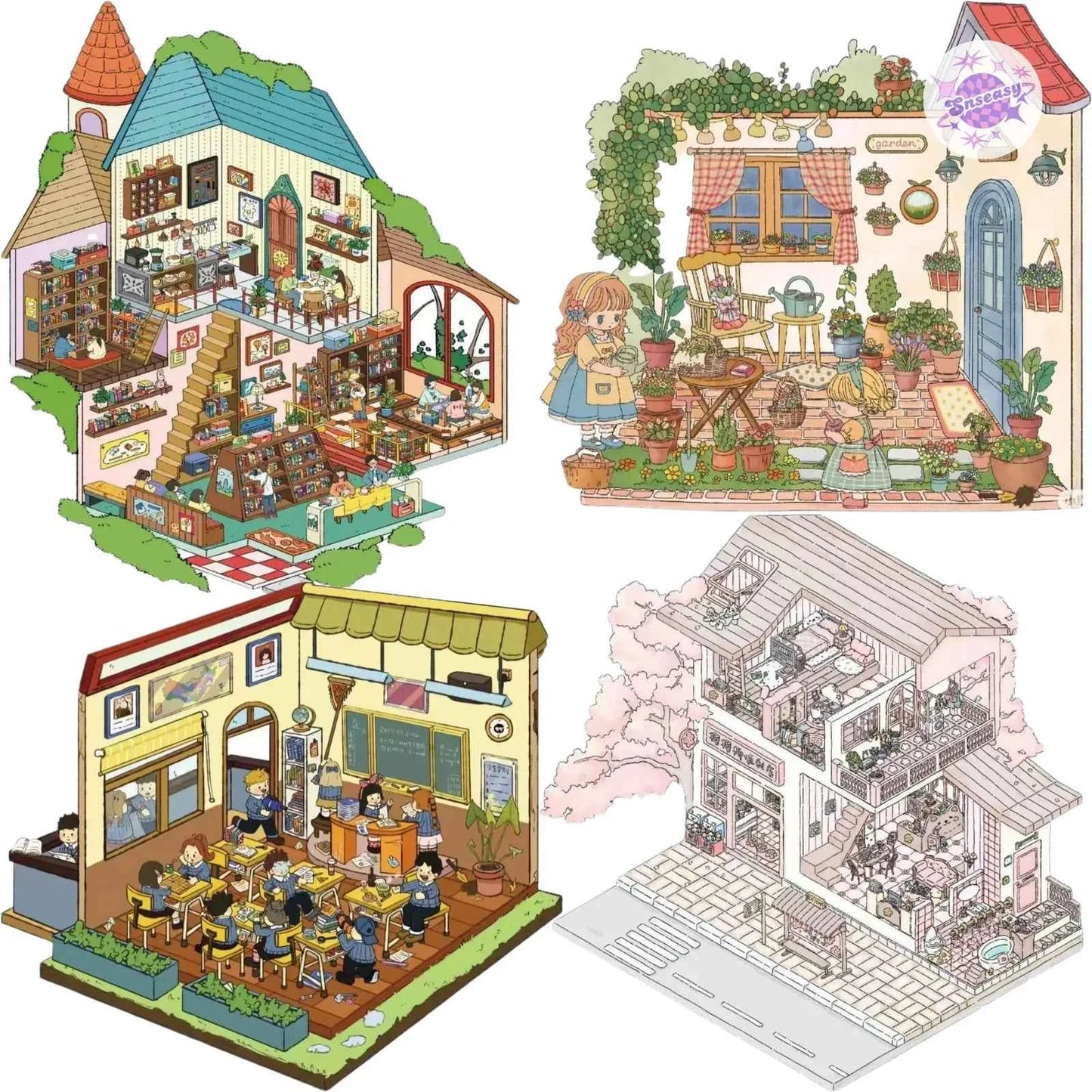 Beautiful Times 5.0 – 3D Miniature Sticker Scenes - 4 Theme Sets: Forest Library | Garden Diary | Classroom Break | Cherry Blossom House