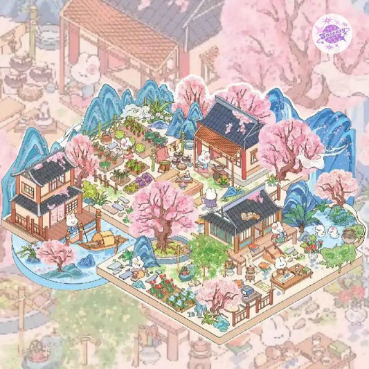Plus Floral Series – 3D Miniature Sticker Scenes - 4 Theme Sets: Street Corner Flower Shop | Peach Blossom Villa | Prairie Farmhouse | Ancient Town